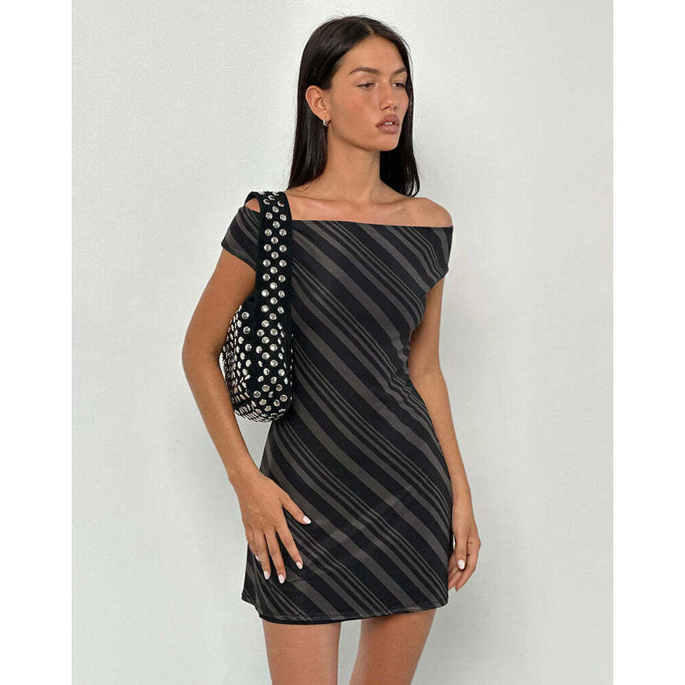Motel Rocks Hari Mini Dress in Irregular Stripe Grey Black XS
